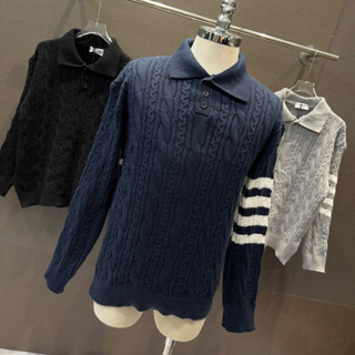  Áo len cổ bẻ dài tay nam nữ PB dệt hoạ tiết vặn thừng phối 4 sọc kẻ tay dày dặn cao cấp boy phố AN102P 