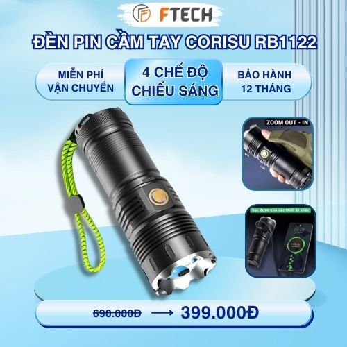 Đèn Pin Cầm Tay Siêu Sáng CORISU RB1122 Zoom Xa Gần, Chiếu Xa 500m, Chống Nước, Sạc Ngược Điện Thoại