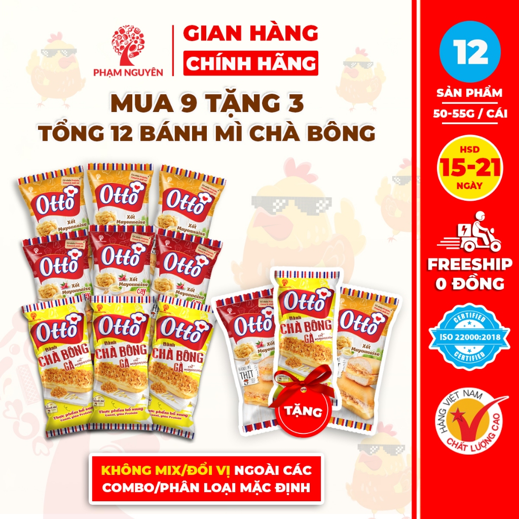[MUA 9 TẶNG 3] Tổng 12 Bánh mì Chà Bông Mặn Xốt Mayonnaise Otto Phạm Nguyên mix 3 vị giá sỉ | Đồ ăn vặt