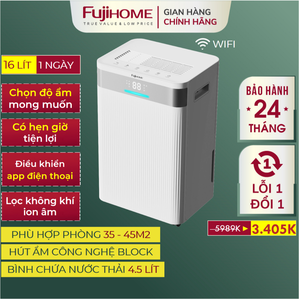 Máy hút ẩm thông minh FUJIHOME DH.16NW Nhập Khẩu, Máy hút ẩm nhanh 16L/ngày lọc không khí Ionizer