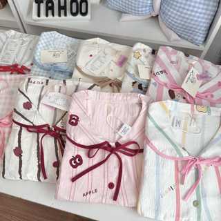 Đồ bộ pijama nữ dài tay cổ bèo cột nơ dễ thương