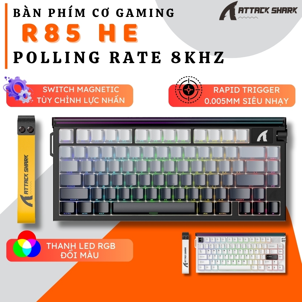 Bàn Phím Cơ Từ Tính Attack Shark R85HE - 8KHz, 256K Scan, RGB Neon, Trục Từ Tím, Giảm Ồn 5 Lớp