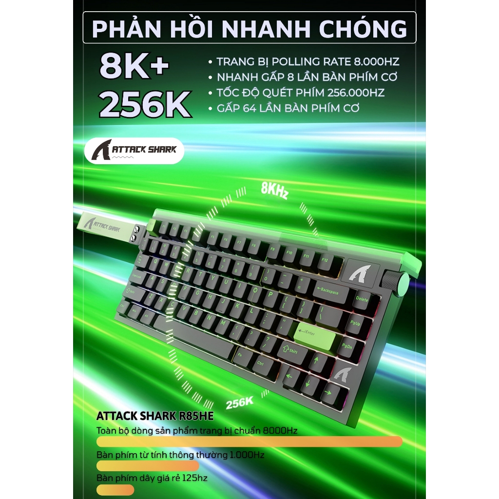 Bàn Phím Cơ Từ Tính Attack Shark R85HE - 8KHz, 256K Scan, RGB Neon, Trục Từ Tím, Giảm Ồn 5 Lớp | BigBuy360 - bigbuy360.vn