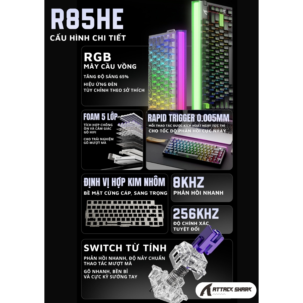 Bàn Phím Cơ Từ Tính Attack Shark R85HE - 8KHz, 256K Scan, RGB Neon, Trục Từ Tím, Giảm Ồn 5 Lớp | BigBuy360 - bigbuy360.vn
