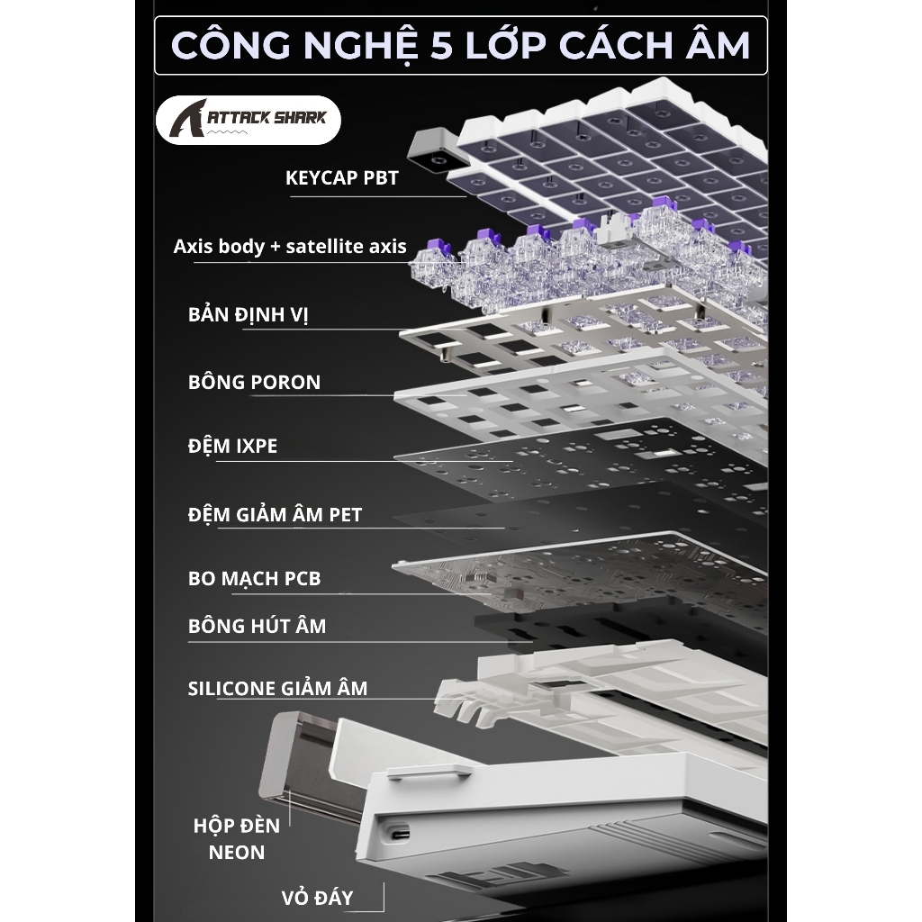 Bàn Phím Cơ Từ Tính Attack Shark R85HE - 8KHz, 256K Scan, RGB Neon, Trục Từ Tím, Giảm Ồn 5 Lớp | BigBuy360 - bigbuy360.vn