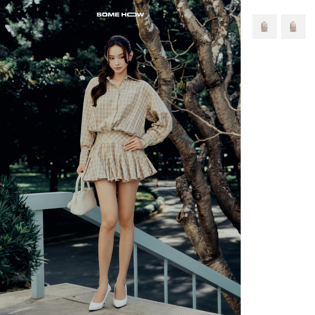 Đầm Ngắn The Checked Shirt Neck, Chất Vải Sọc Cotton Thoải Mái ,WDN138, SOMEHOW