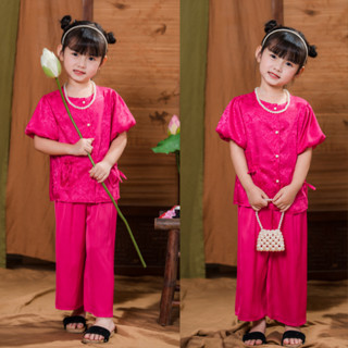  Áo bà ba cho bé gái chất gấm lụa vân nổi cao cấp bộ bà ba tay bồng phối nơ cho bé chơi tết BB05 - BIATON KIDS 