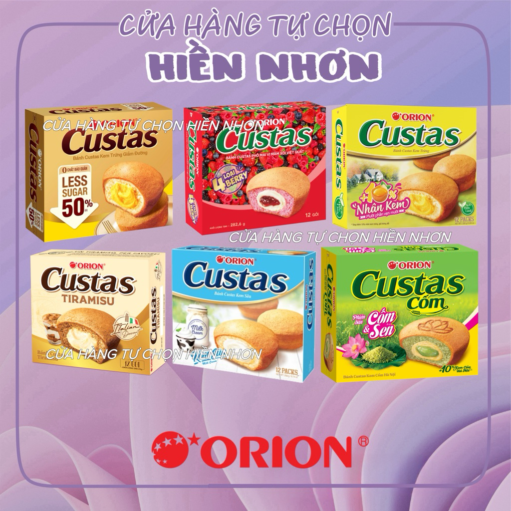 [Tết 2026] 12P Bánh bông lan Custas Orion vị Dâu/ Kem trứng/ Cốm/ Tiram