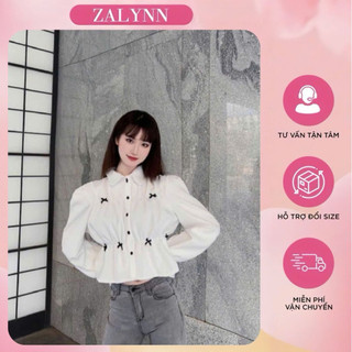Áo Sơ Mi Nữ Đính Nơ Dài Tay vải chéo Hàn dáng lửng bo chun eo tôn dáng bánh bèo - SM12. ZALYNN