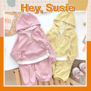  Set Áo Nỉ Kẻ Mũ Quần Bo Gấu Hồng Vàng Cho Bé Gái Size 9-24kg Hey Susie S7083 