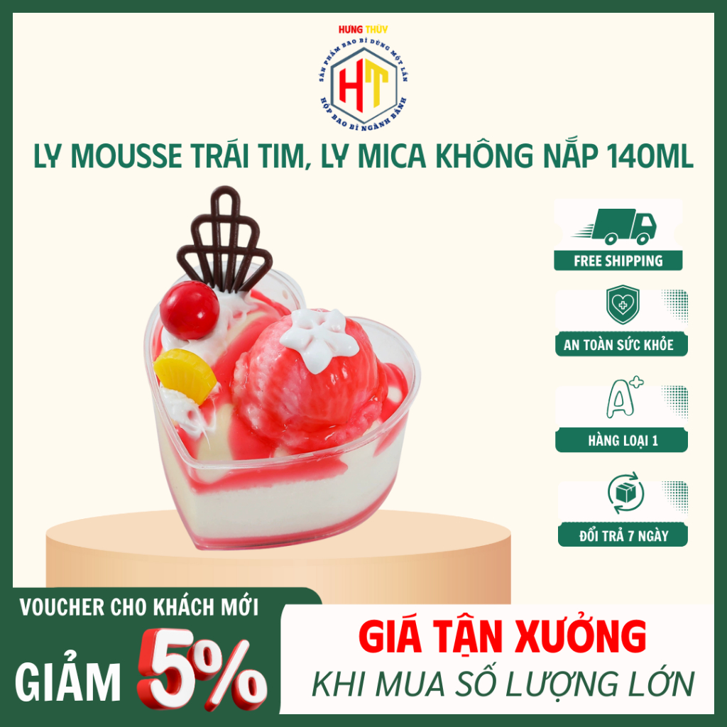 Ly Mousse Trái Tim Đựng Bánh Lạnh, Ly Mica Không Nắp 140ML