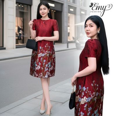 Đầm Tafta Đỏ Đô Dáng Suông EMY EM9685 - Thiết Kế Thêu Hoa Bướm Công Sở Quý Phái Thanh Lịch
