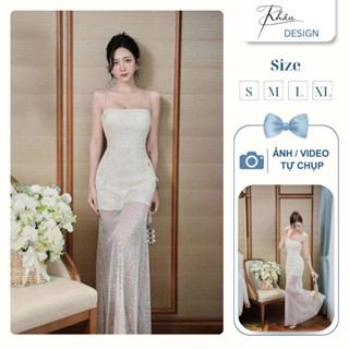  Váy thiết kế hai dây body đầm dự tiệc phối chân ren kim sa phong cách thanh lịch sang trọng 187 K954 