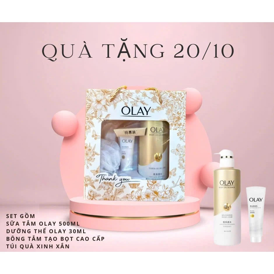 SET QUÀ TẶNG 20-10, 20-11 Sữa Tắm OLAY B3, Sữa dưỡng thể OLAY B3, kèm Bông tắm tạo bọt (HỎA TỐC)