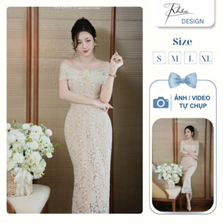  Đầm đi tiệc dáng ôm váy tiểu thư thiết kế body trễ vai hoa trước phù hợp đi dạ hội Khâu Design K996 