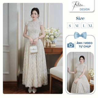  Đầm thiết kế dáng dài KHÂU Design váy tiểu thư dự tiệc phối ren nhiều lá K985 sang chảnh 