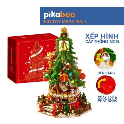 Bộ xếp hình cho bé cây thông Noel Pikaboo quà giáng sinh, xoay 360 độ, có đèn sáng và nhạc Giáng Sinh ấm cúng
