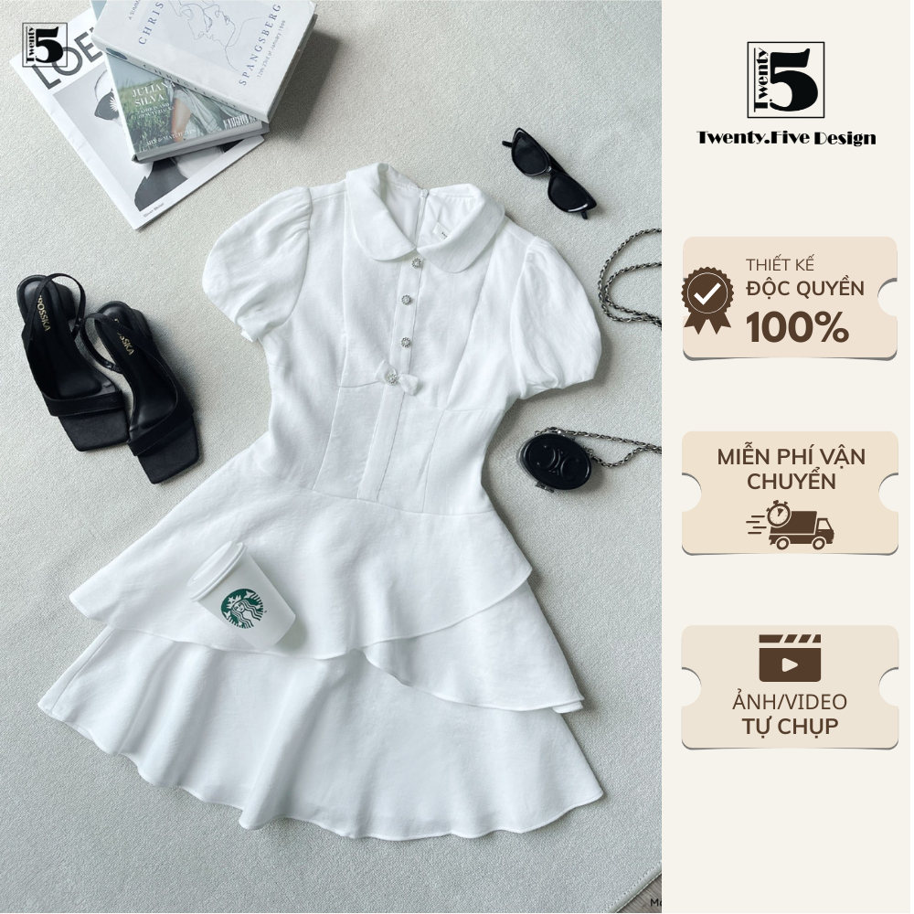 Đầm Nữ Tay Bồng Phối Cổ 2 Tầng, Đính Nơ Ngực Dáng Xòe Thanh Lịch – Twentyfive Design DH138