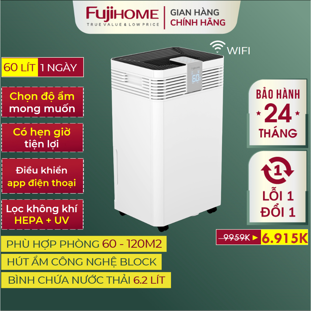 Máy hút ẩm công suất lớn FUJIHOME DH.60W-HEPA