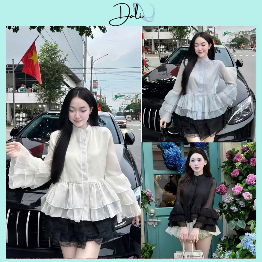 Áo Sơ Mi Cổ Trụ Bánh Bèo Chất Liệu Tơ Mềm 2 Lớp Phối Tay Loe Bèo Tầng | BigBuy360 - bigbuy360.vn