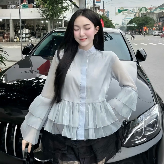 Áo Sơ Mi Cổ Trụ Bánh Bèo Chất Liệu Tơ Mềm 2 Lớp Phối Tay Loe Bèo Tầng | BigBuy360 - bigbuy360.vn