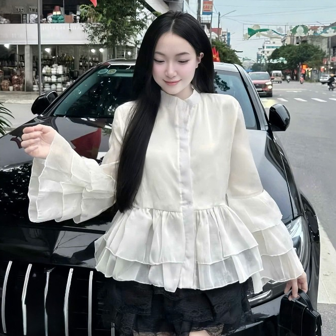 Áo Sơ Mi Cổ Trụ Bánh Bèo Chất Liệu Tơ Mềm 2 Lớp Phối Tay Loe Bèo Tầng | BigBuy360 - bigbuy360.vn