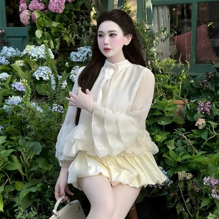 Áo Sơ Mi Cổ Trụ Bánh Bèo Chất Liệu Tơ Mềm 2 Lớp Phối Tay Loe Bèo Tầng | BigBuy360 - bigbuy360.vn