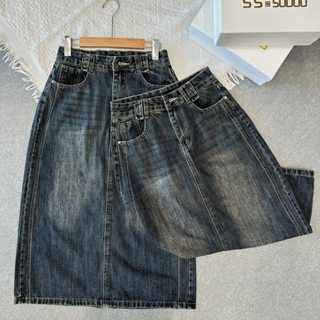   BIGSIZE  668 Chân Váy Jean Nữ Dáng Dài Trơn Tạo Kiểu Sọc 2 Bên Xẻ Sau chân váy bò mêm dài qua gối 