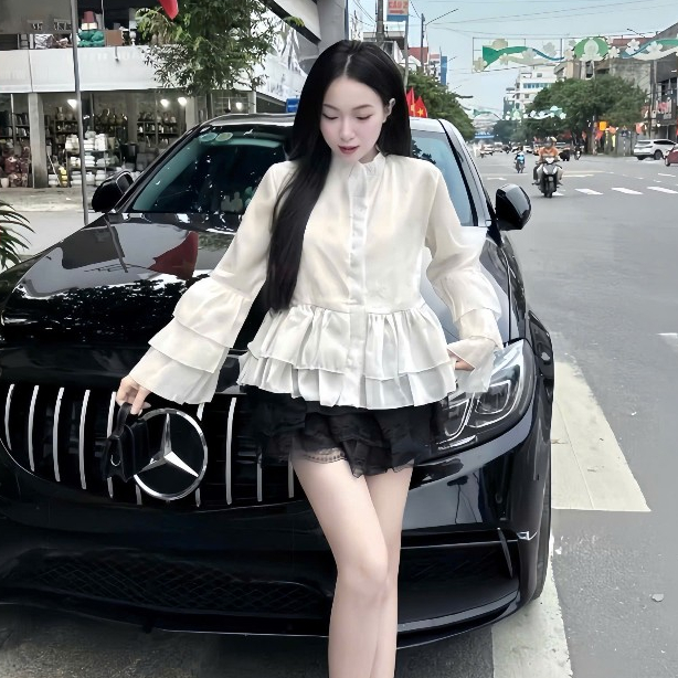 Áo Sơ Mi Cổ Trụ Bánh Bèo Chất Liệu Tơ Mềm 2 Lớp Phối Tay Loe Bèo Tầng | BigBuy360 - bigbuy360.vn