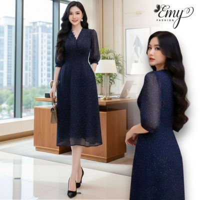 Đầm Dự Tiệc Trung Niên Cao Cấp EMY EM9492 - Dáng Xòe Cổ V Chấm Bi Nhã Nhặn, Sang Trọng
