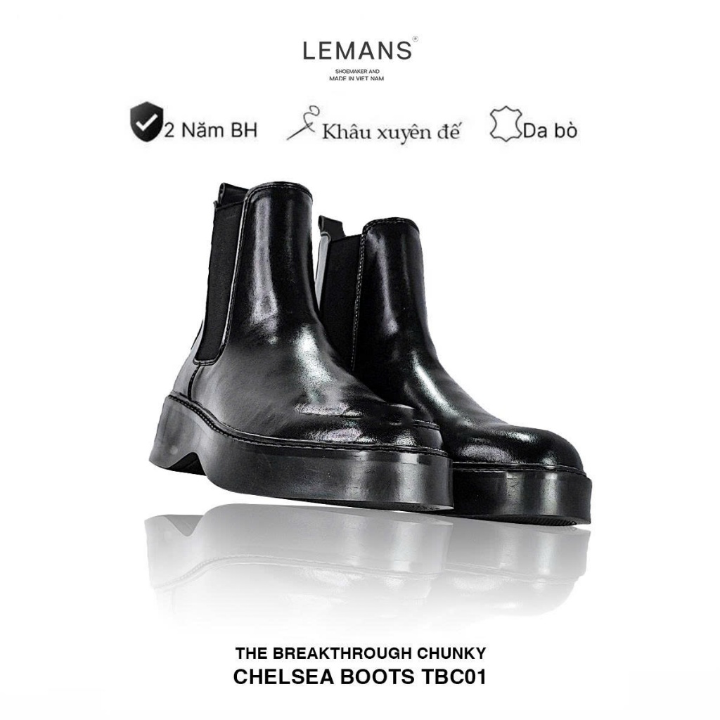 Giày nam Chunky CHELSEA Boots Lemans - Da bò màu Đen - đế cao su thơm 6cm - BH 24 tháng