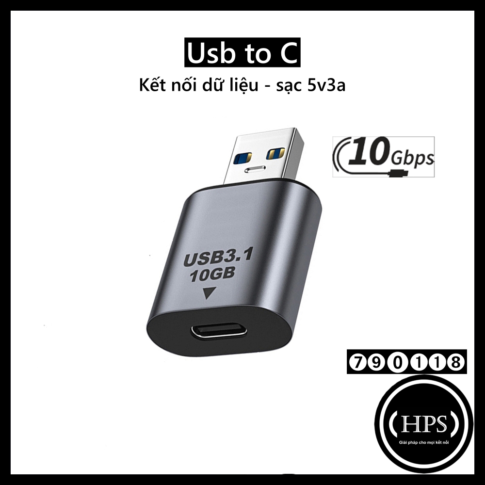 (10Gbps) Đầu Chuyển USB Sang Type C âm vỏ hợp kim có hỗ trợ sạc- HPS