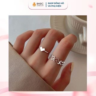  Set 2 nhẫn thiết kế họa tiết trái tim phong cách Hàn Quốc sang trọng cho nữ có thể điều chỉnh kích cỡ Basic Jewelry 