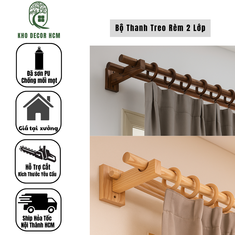 Trọn Bộ Thanh Treo Rèm 2 Lớp 0.6 tới 3M (Hỗ Trợ Cắt Kích Thước Theo Yêu Cầu)