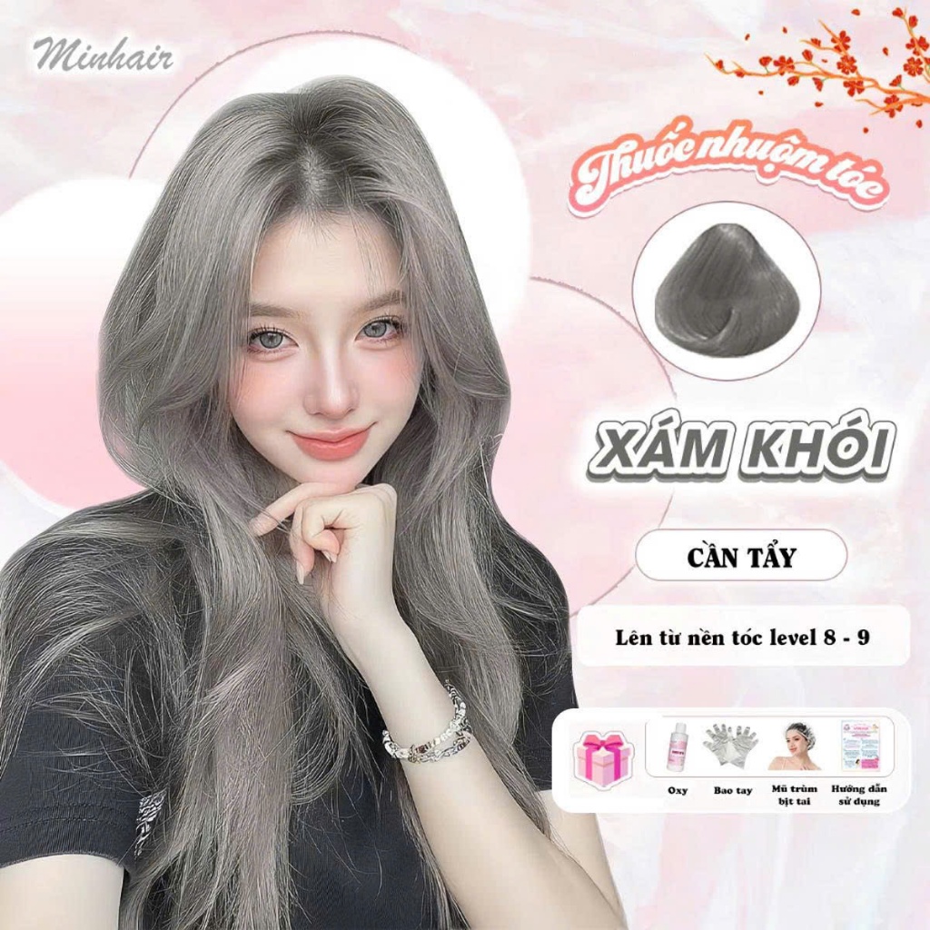 Thuốc nhuộm tóc, thuốc nhuộm tóc Xám Khói MIN.HAIR, tặng kèm oxy trợ dưỡng và bao tay