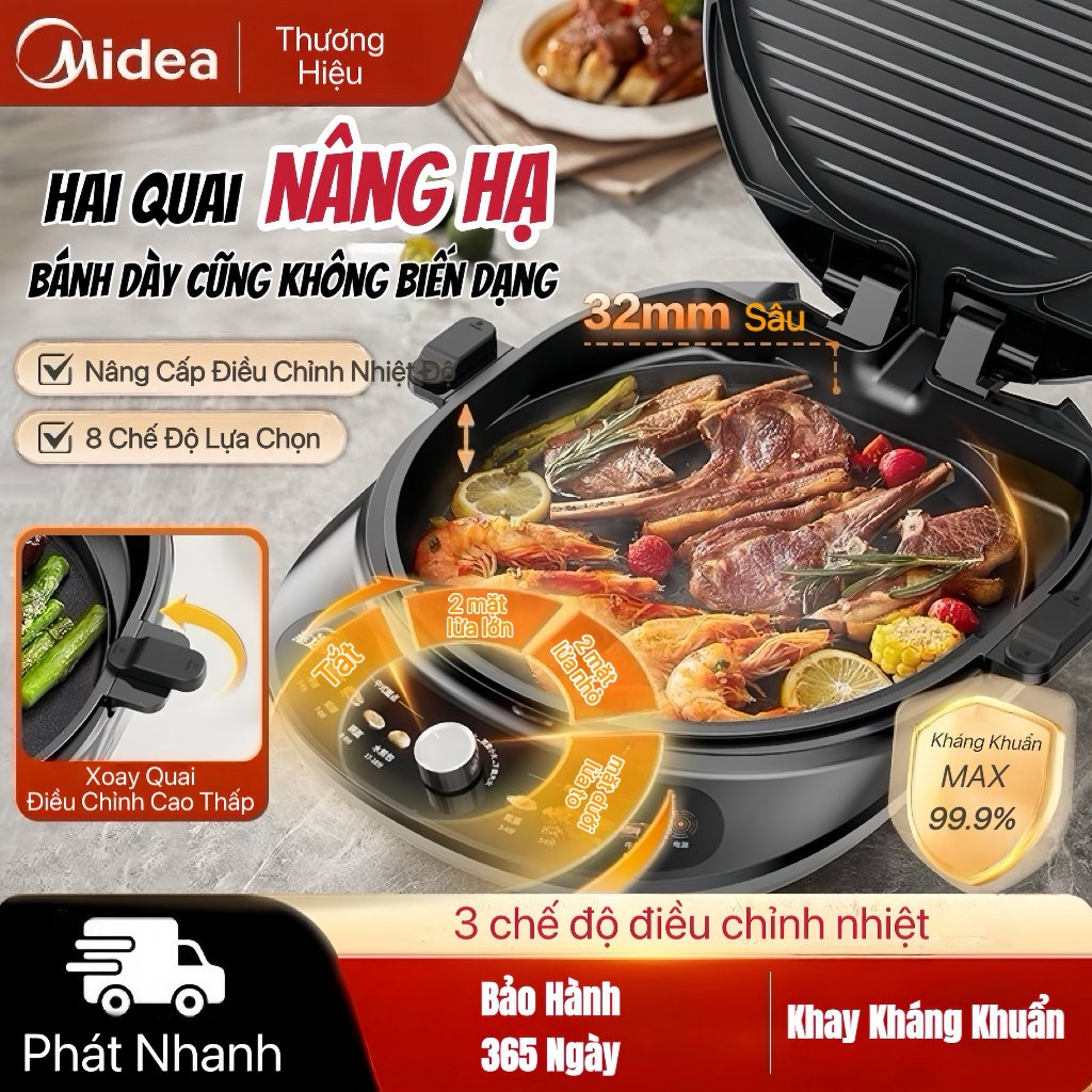 Chảo nướng điện 2 mặt Midea 1700W kháng khuẩn chống dính toả nhiệt nhanh