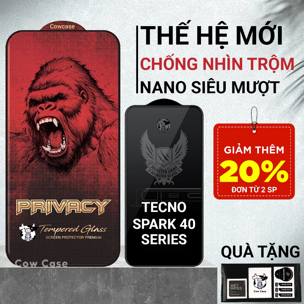 Cường lực Tecno Spark 40, 40C, 40 Pro, 40 Pro Plus chống nhìn trộm full màn | Miếng dán kính bảo vệ 