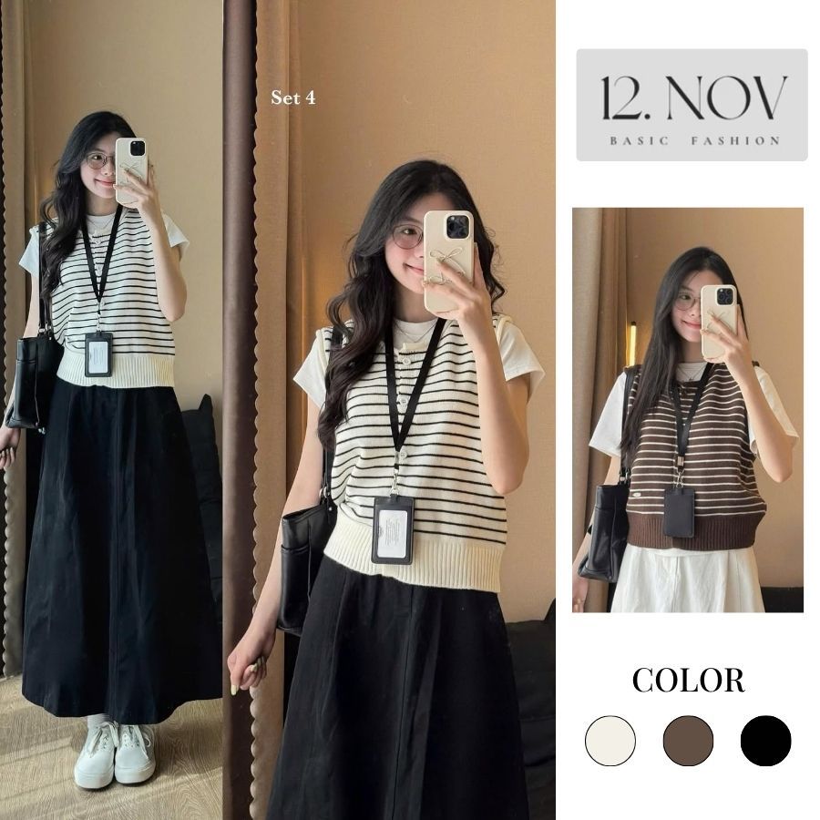 Áo len gile kẻ ngang nút cài đính tag Minni Gile NỮ 12.NOV 2774