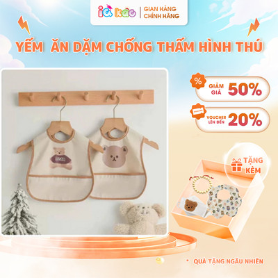 Yếm Ăn Dặm Có Túi Hứng Ngang Chống Thấm Cao Cấp Họa Tiết Hình Thú Dễ Thương, Có Túi Hứng Ngang Cho Bé Từ 6 Tháng IQKAO