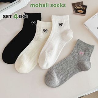  Set 4 đôi tất vớ lolita ren mỏng cổ lửng thêu nơ cotton phù hợp mang giày búp bê tiểu thư MOHALI VC02 