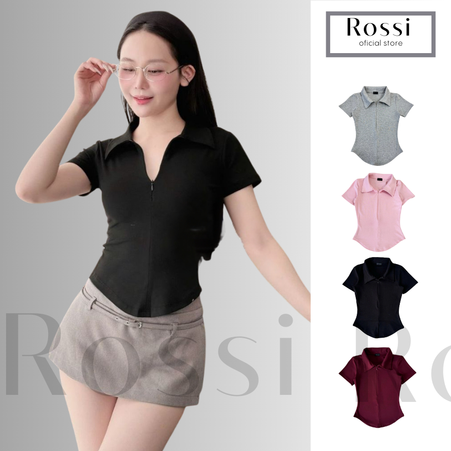 Áo thun nữ cổ bẻ phối dây kéo ROSSI , áo polo nữ ôm dáng vải cotton mịn, áo thun babytee cổ bẻ | BigBuy360 - bigbuy360.vn