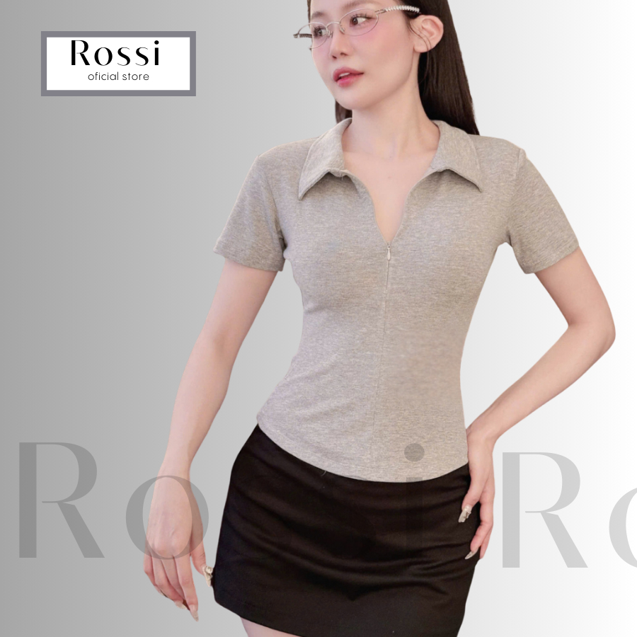 Áo thun nữ cổ bẻ phối dây kéo ROSSI , áo polo nữ ôm dáng vải cotton mịn, áo thun babytee cổ bẻ | BigBuy360 - bigbuy360.vn
