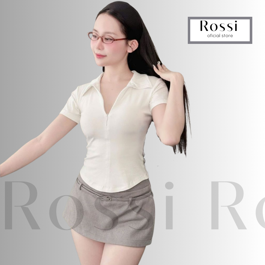 Áo thun nữ cổ bẻ phối dây kéo ROSSI , áo polo nữ ôm dáng vải cotton mịn, áo thun babytee cổ bẻ | BigBuy360 - bigbuy360.vn