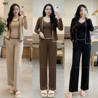   Có bán lẻ áo  Set bộ 3 món áo dài tay cổ tròn mix viền cổ viền áo kèm quần ống suông chất Tăm Thỏ Jima 161 