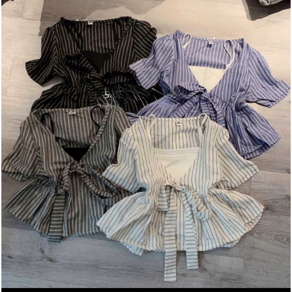 Set Áo Babydoll Nữ Dáng Rộng Sọc Nơ – Chuẩn Gu Hàn Quốc ( kèm ảnh thật shop chụp)