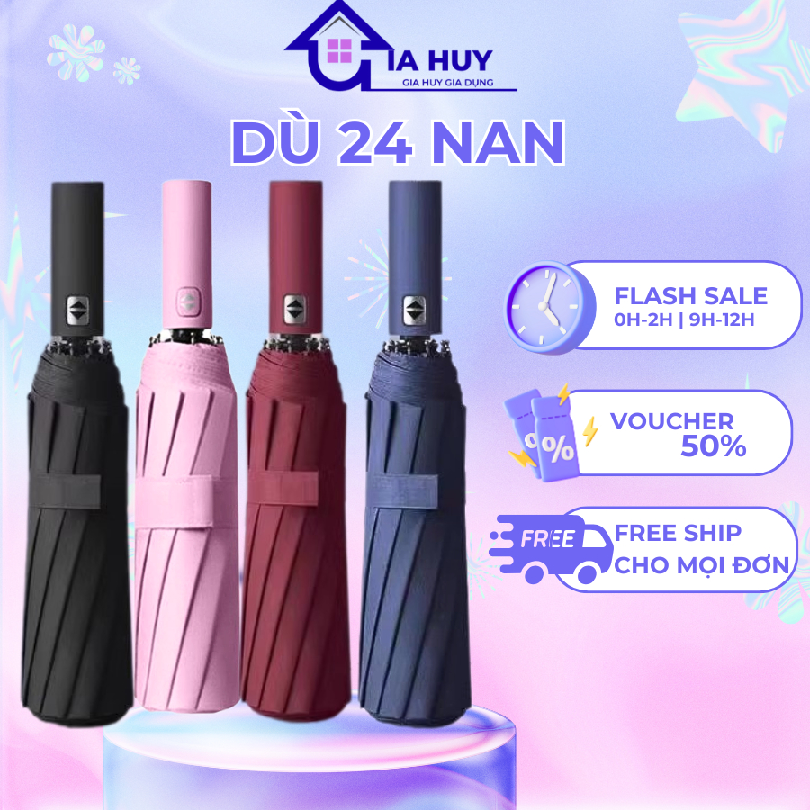 Ô dù 24 nan chống tia UV 99% Chất Liệu Polyester, đóng mở tự động bằng nút bấm, chống thấm tốt.
