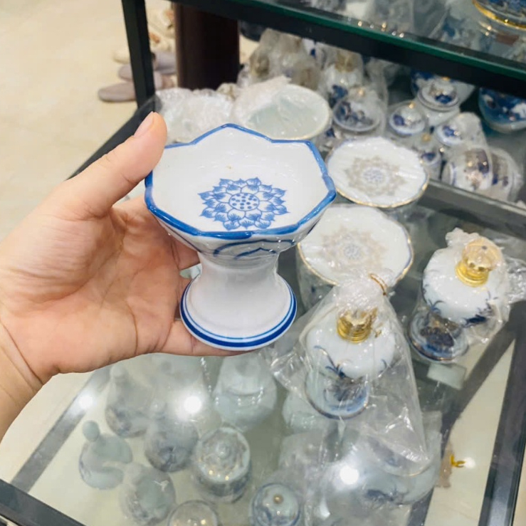 Chân nến men Lam trắng xanh, kê nến cao thờ cúng men xanh trắng Bát Tràng cao cấp - Chân nến cao thờ