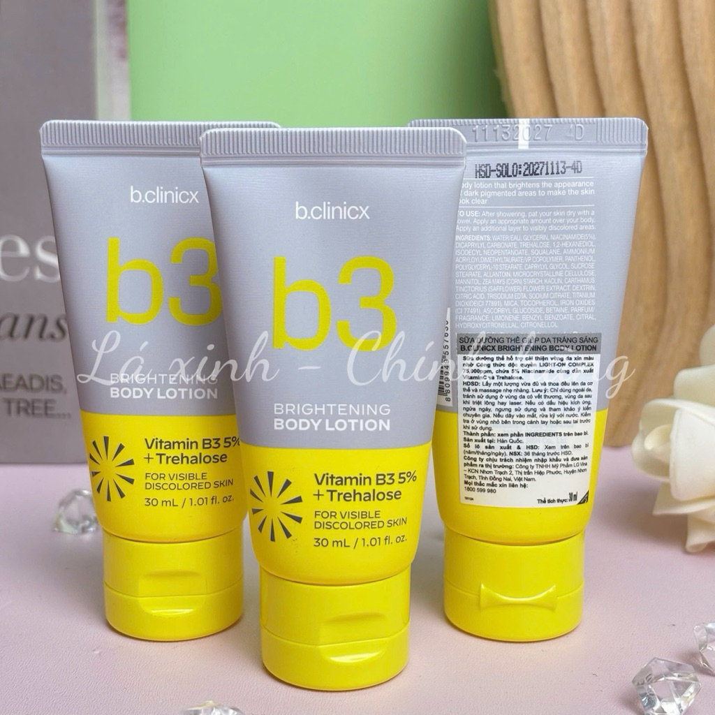 Kem khử thâm nách, bẹn, cùi chỏ B.clinicx B3 Brightening Lotion 30ml – Vitamin B3 5% + Trehalose, dư