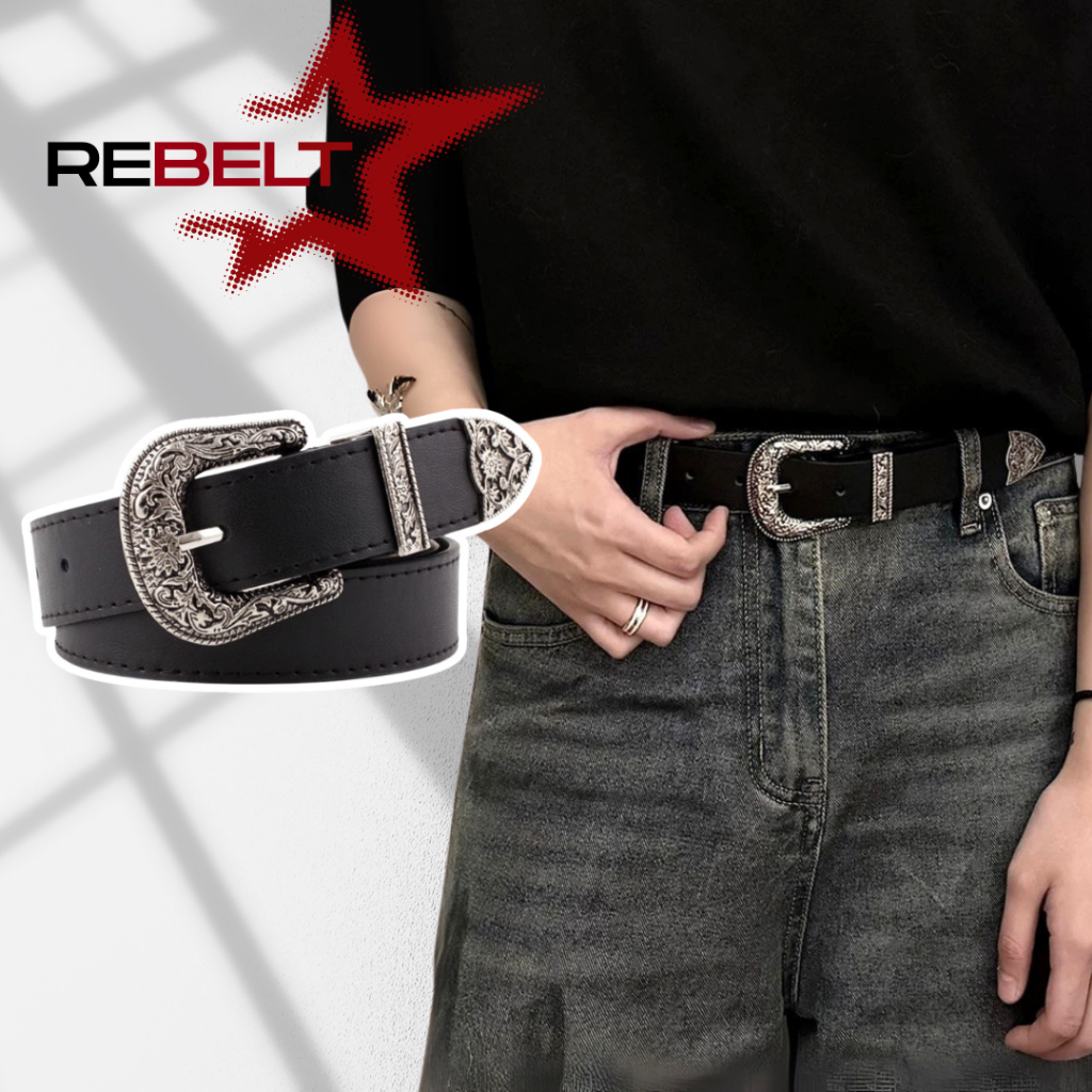 REBELT Thắt lưng y2k nam nữ phong cách vintage hoa văn cổ điển Da PU / Da thật bản 2.8cm TL025