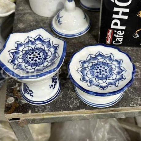 Chân nến men Lam trắng xanh, kê nến cao thờ cúng men xanh trắng Bát Tràng cao cấp - Chân nến cao thờ